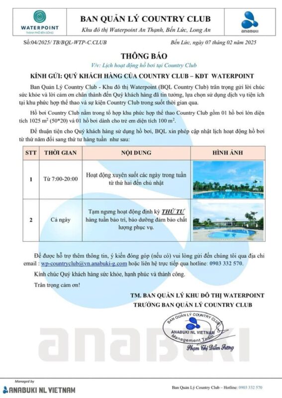 Thông báo lịch hoạt động hồ bơi tại Country Club - Waterpoint 1 lich hoat dong ho boi country club waterpoint